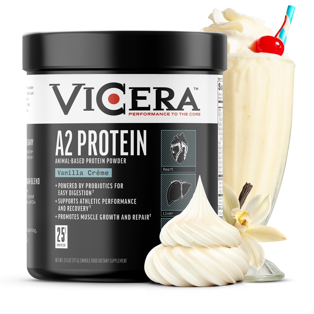 VICERA A2 Protein Powder, Vanilla Creme, 25 G Protein per Serving, Organic A2/A2 Whey Casein Blend with Probiotics and Celtic Sea Salt, Gluten Free Workout Supplement, Non GMO, 20 Servings, 27.4 Oz