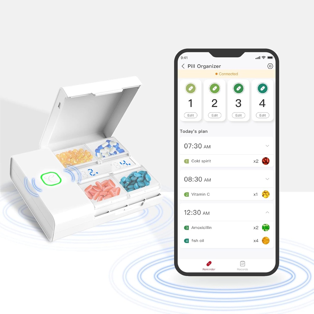 Comfytemp Medicine Box - Smart Medication Organizer with Free App, Pill Plan on Pill Box, Alarm Reminder, 4 Large Compartments, Rechargeable Portable Travel Pill Box for Medicine/Vitamins/Supplements