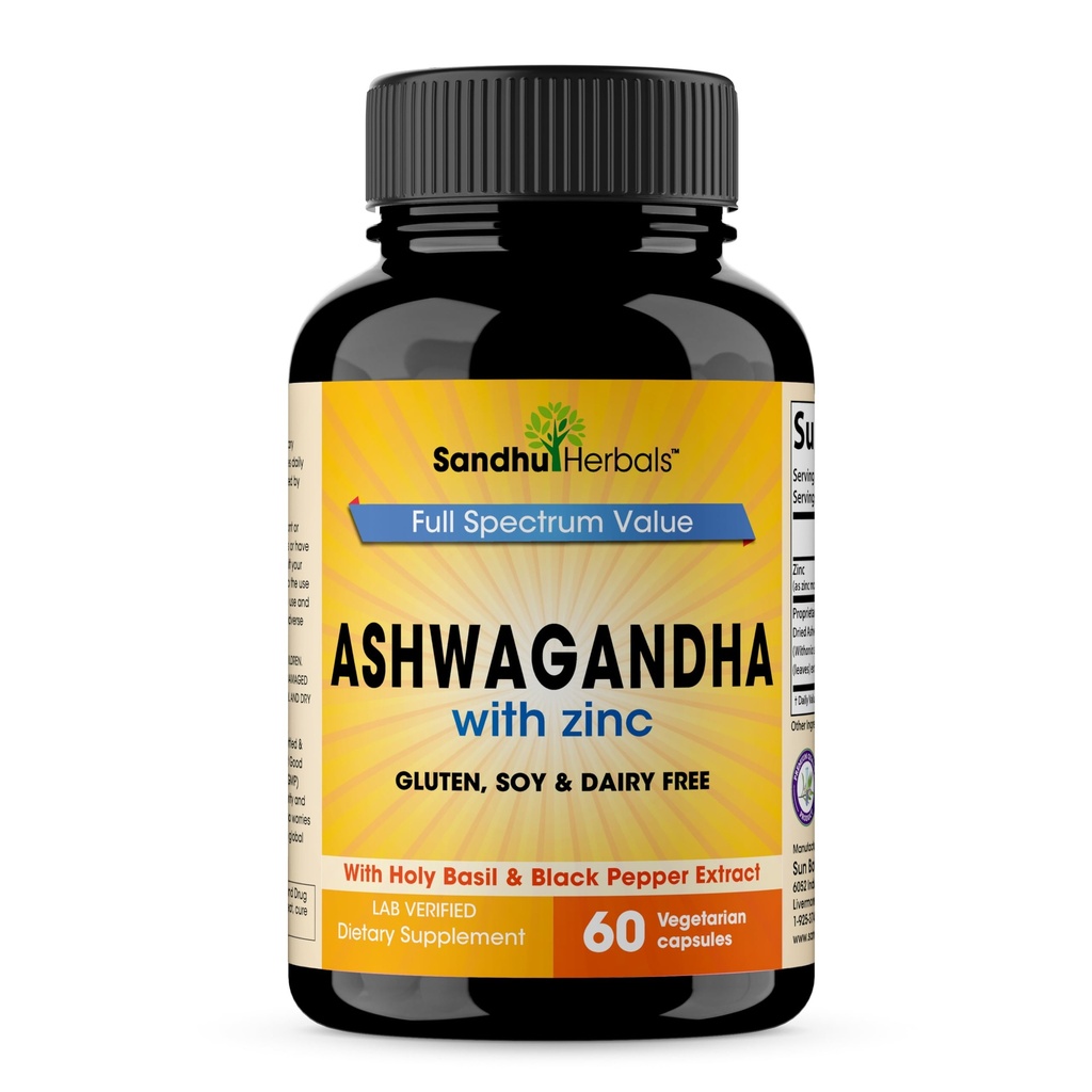 Sandhu Herbals Ashwagandha Supplement | 60 Organiska 4 i 1 kapslar, 1 månads Supply | med Zink, Black Pepper och Holy Basil Extract | Stöder Immune Health | Icke-GMO