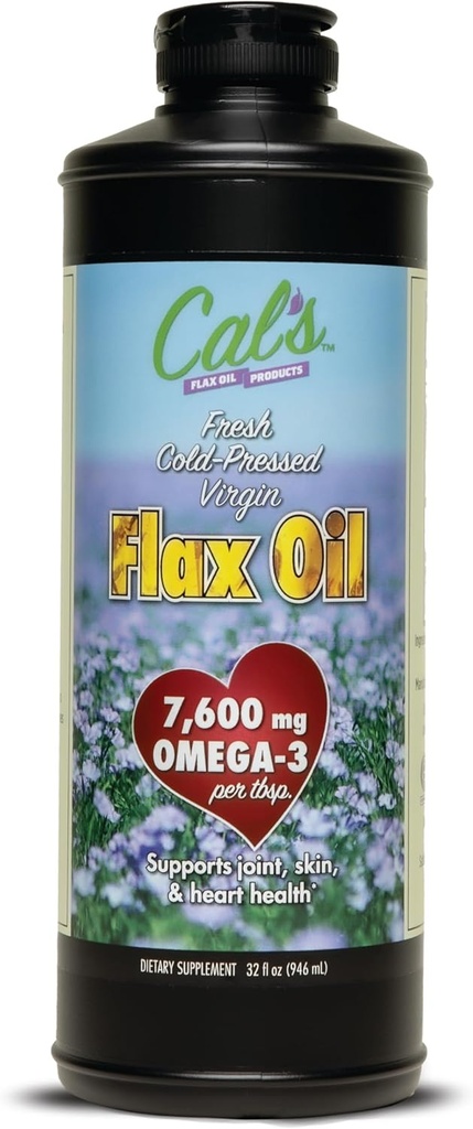 Cal's Flax Oil, Cold Pressed Flax Seed, High in Omega 3 Fatty Acid, Unrefined Flax Seed Oil, Pure Flax Seed Oil Liquid Supplement för Joint, Skin och Heart Health Support - 32 oz