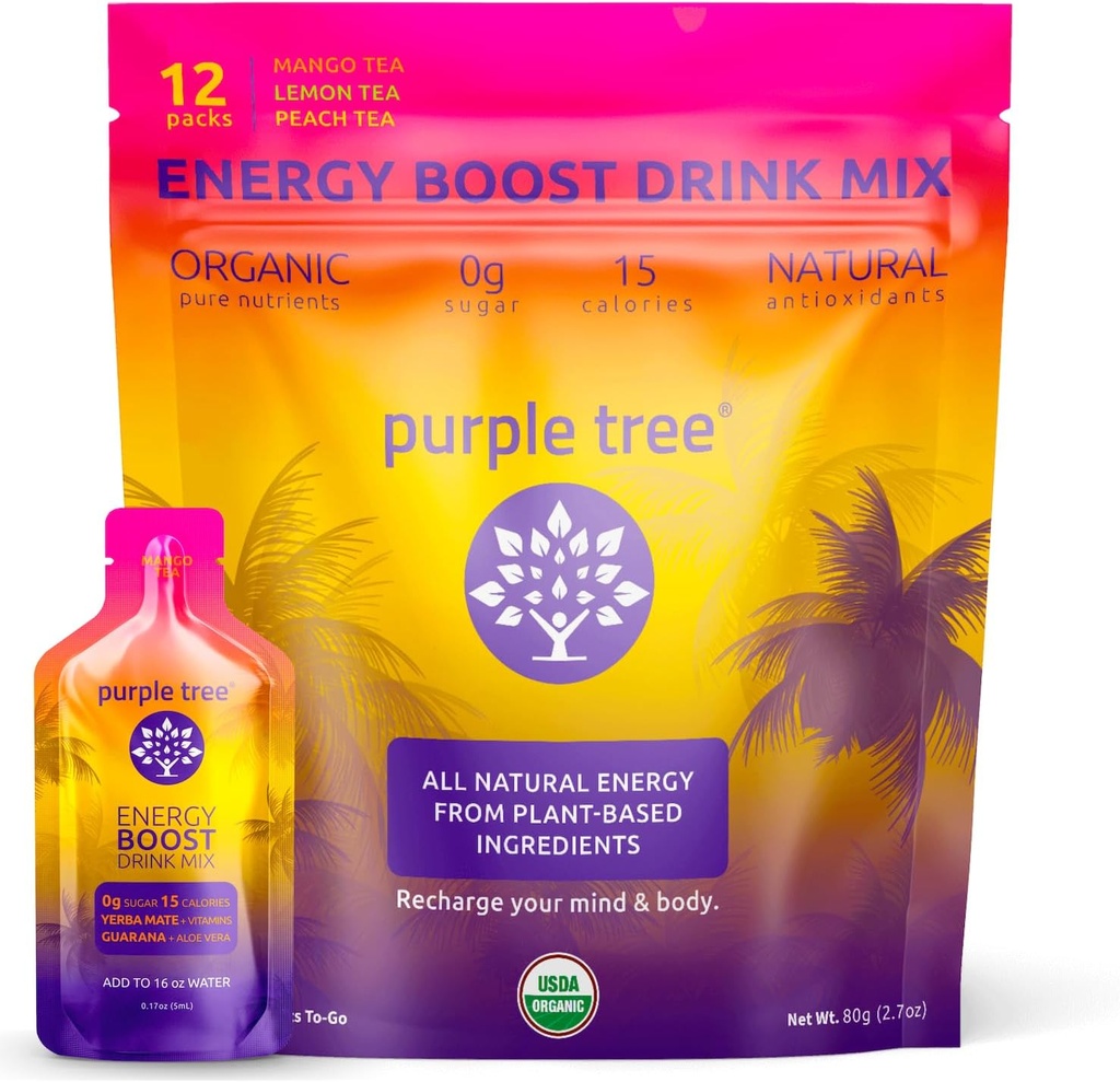 lila träd organiska energi Stick Packets - Zero Sugar, 80mg Naturkoffein från Yerba Mate & Guarana, med B12 Vitaminer för Smooth, Crash-Free Energy - Lemon Iced Tea Flavor, 12 till Go Packs
