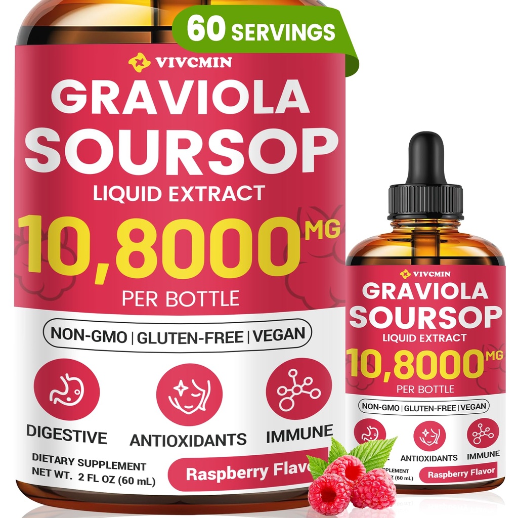 Graviola Soursop Leaf Extract Liquid - Soursop Bitters Liquid, Support Immune, Relax, Liver and Sleep, Sugar & Alcohol-Free, Highly Absorbable Formula, Raspberry Flavor, 2 Fl Oz