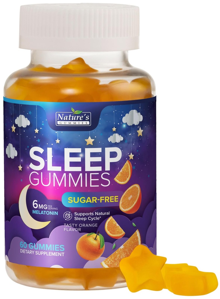 Sleep Gummies Supplement 6mg - Sugar Free Melatonin Gummy för vuxna, Natural Zero Sugar Sleeping Gummy för vuxna, barn, Orange smaksatt, Vegan, Extra Styrka Sleep Vitamin Support - 60 Gummies