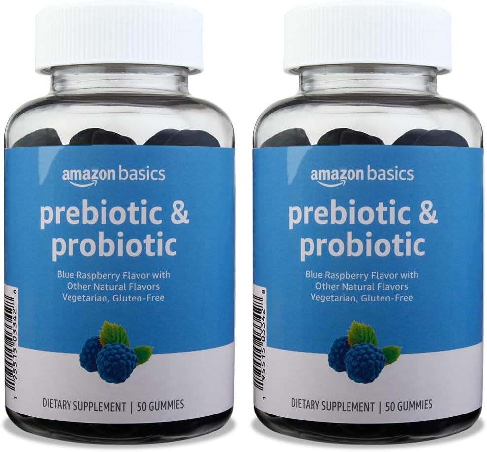 Grundläggande Prebiotic & Probiotic Gummies, 2 miljarder CFU, Blue Raspberry, 50 greve (2 per portion) (tidigare Solimo) (Pack of 2)