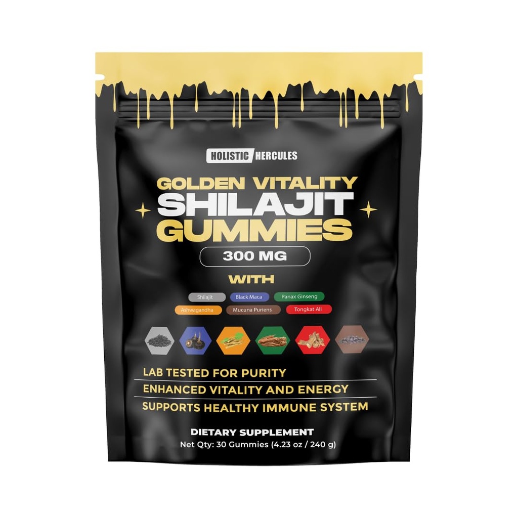 Holistic Hercules Himalayan Gold Shilajit Gummies with Ashwagandha Black Maca Tongkat Ali Panax Ginseng Mucuna | 100% Natural Organic | Vegan Non-GMO Sugar-Free (30)