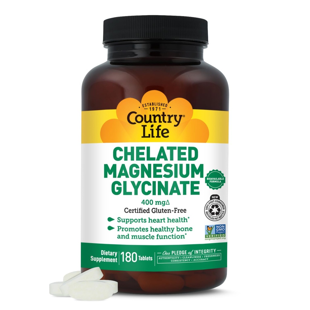 Country Life Chelated Magnesium Glycinate 400mg - High Absorption Magnesium Supplement för Muscle Relaxation, Energy, Bone & Immune Support - Gluten-Free, Vegan, Halal, Non-GMO Verified - 180 tabletter
