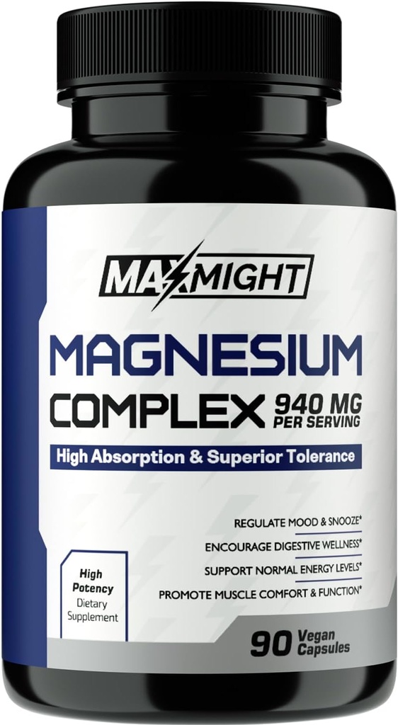 Magnesiumkomplex, 210 mg Elemental Magnesium, Glycinate, Citrate & Malate, Non-GMO, Max Absorption, Muscle, Mood, Energy, 90 Vegan Capsules