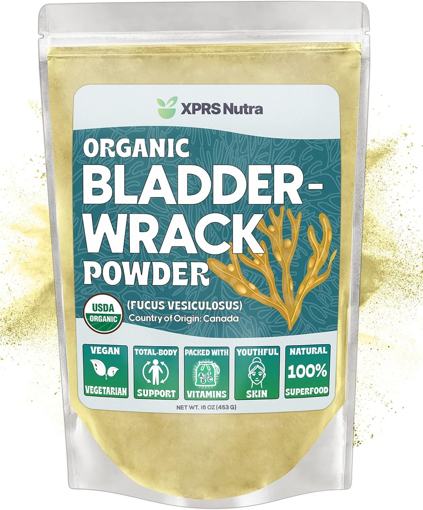 XPRS Nutra Organic Bladderwrack Powder (Fucus Vesiculosus) - Premium Bladderwrack Organic Powder för glödande hud - Vegan Friendly Bladderwrack Herb Iodine Supplement (16 Ounce)
