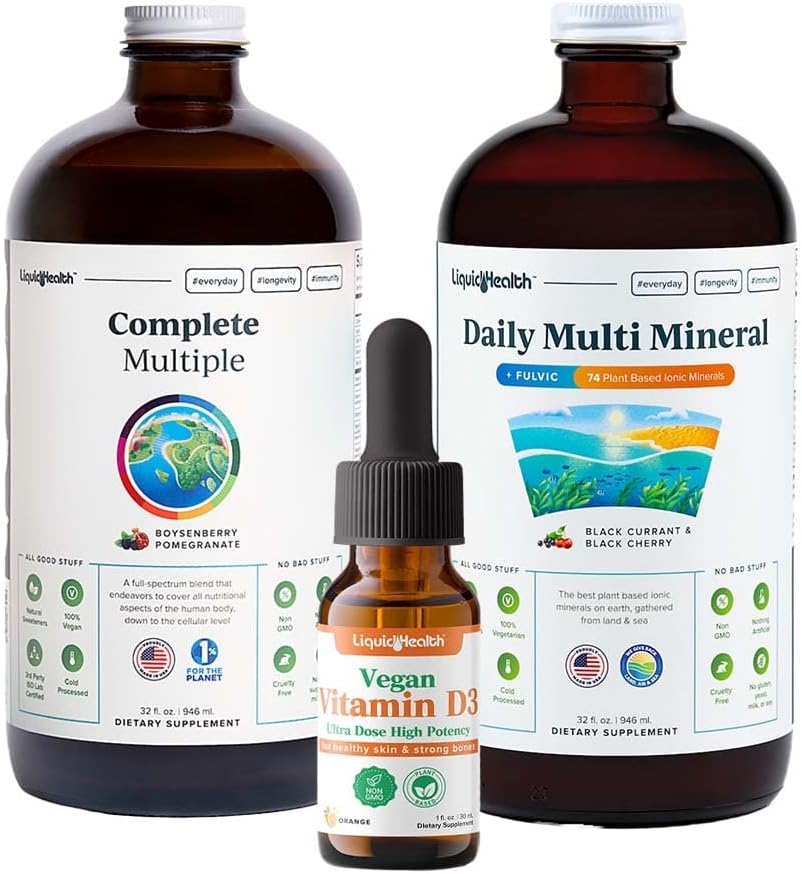 LIQUIDHEALTH Ultra Immunity Liquid Vitamin Bundle för vuxna med komplett multivitamin, dagliga multimineraler och vegansk vitamin D3 droppar - Immune Support Vitamins, Whole Foods, Vegan, Non GMO