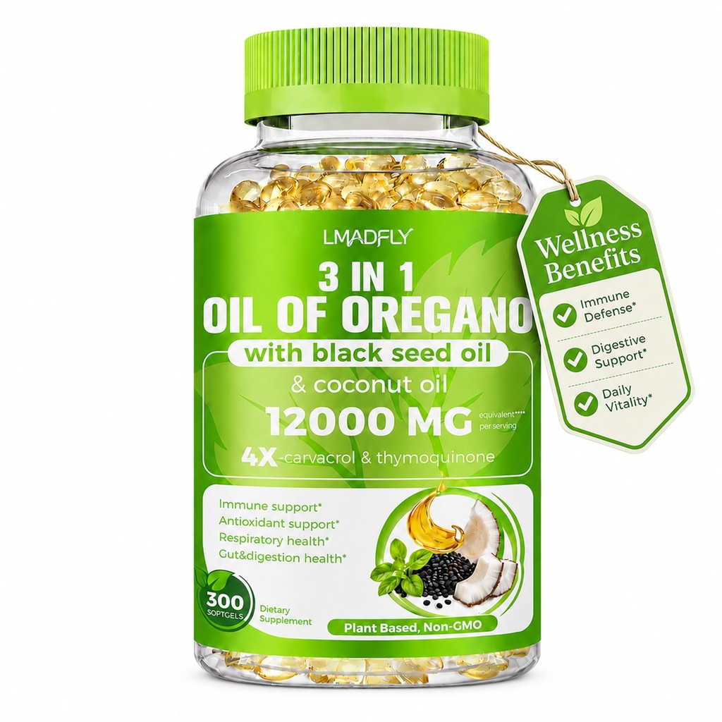 LMADELY Oil of Oregano Softgels with Black Seed Oil & Coconut Oil, 300 Count Small Softgels, 3-in-1 Oregano Extract Supplement, Non-GMO Herbal Formula for Daily Wellness