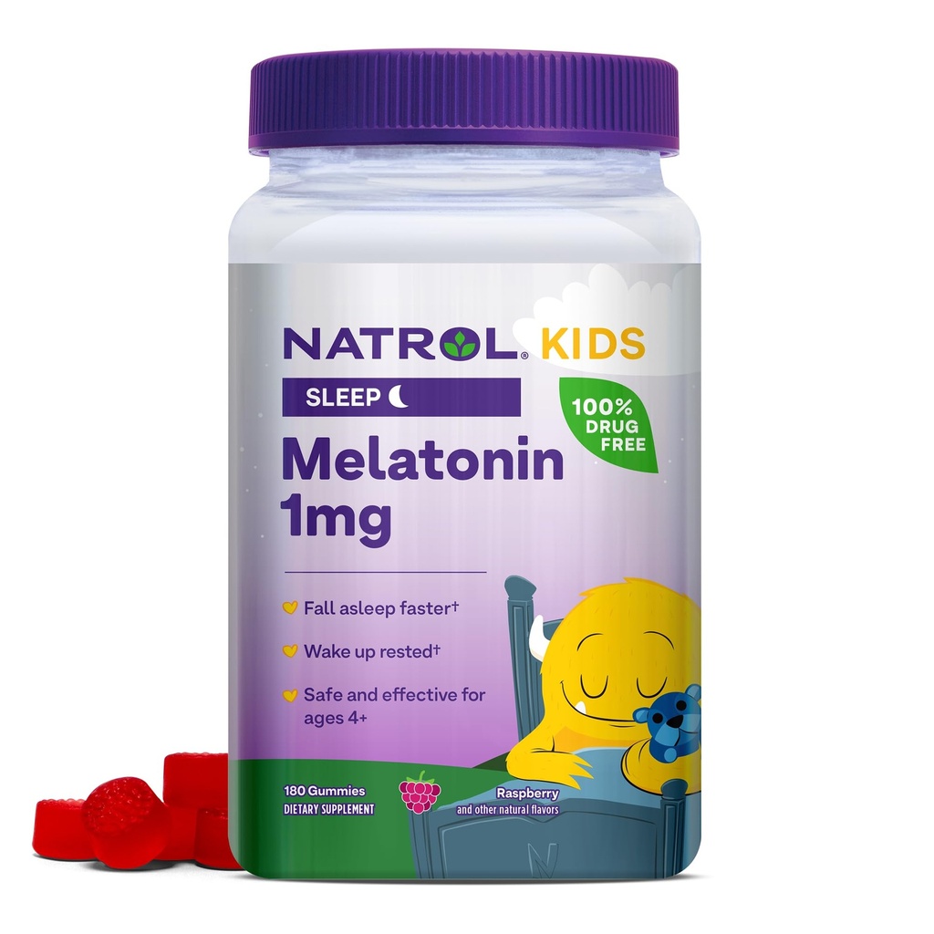 Natrol Kids Melatonin 1 mg, Kosttillskott för Restful Sleep, Melatonin Gummies för barn, 180 Raspberry-Flavored Gummies, Upp till en 180-dagars leverans