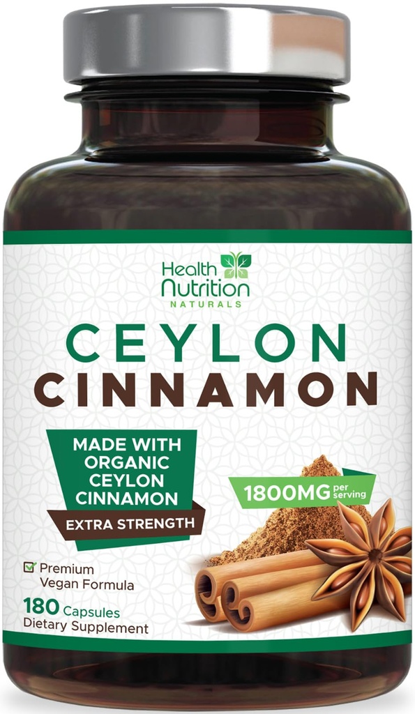 Ceylon Cinnamon Capsules 1800mg - Certified Organic Ceylon Cinnamon Powder Supplement, Bottled i USA, Extra Strength Energy & Heart Support Pills, Non-GMO & Gluten Free, Sugar Free - 180 Capsules