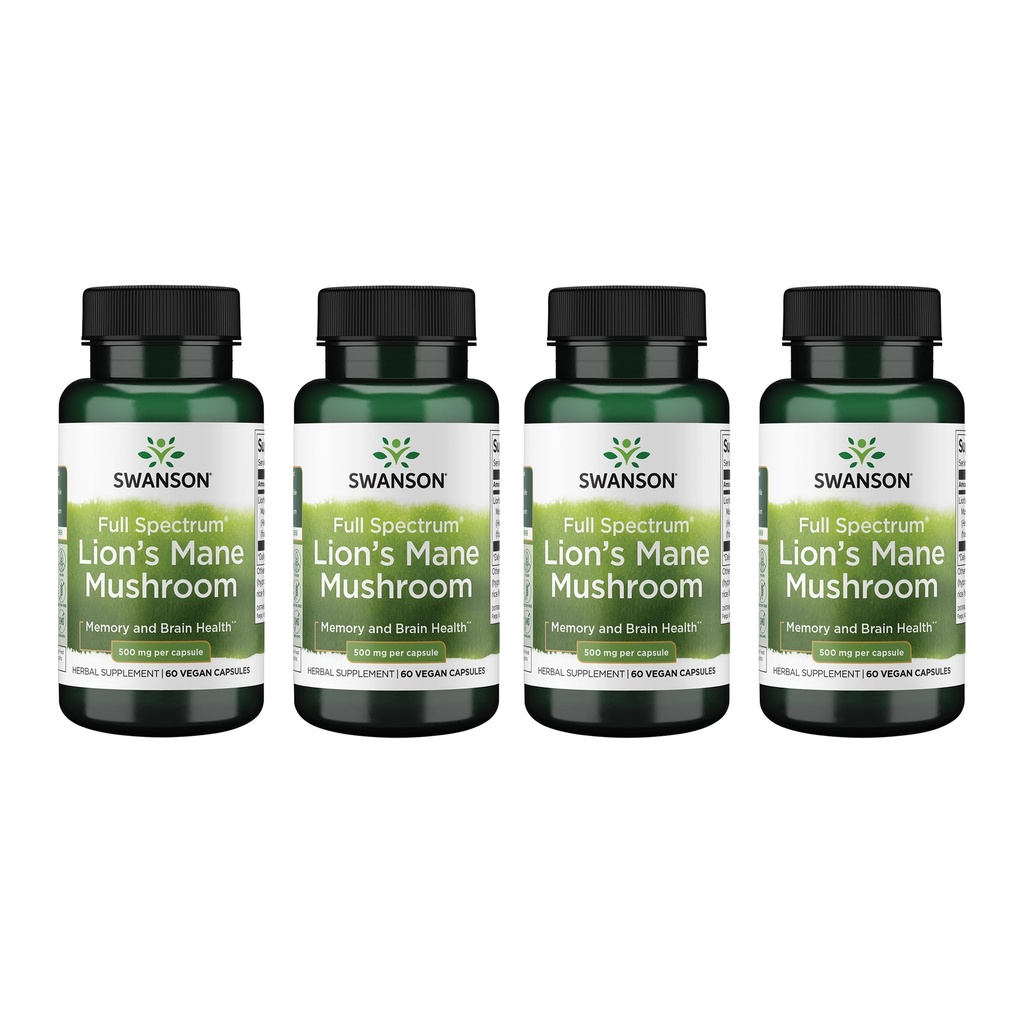 Swanson Full Spectrum Lion's Mane Mushroom - Brain Health Supplement för att stödja minne, fokus och klarhet * - Kan också hjälpa immun, hjärta och matsmältningshälsa - Glutenfri och icke-GMO - 60 kapslar (4 Pack)