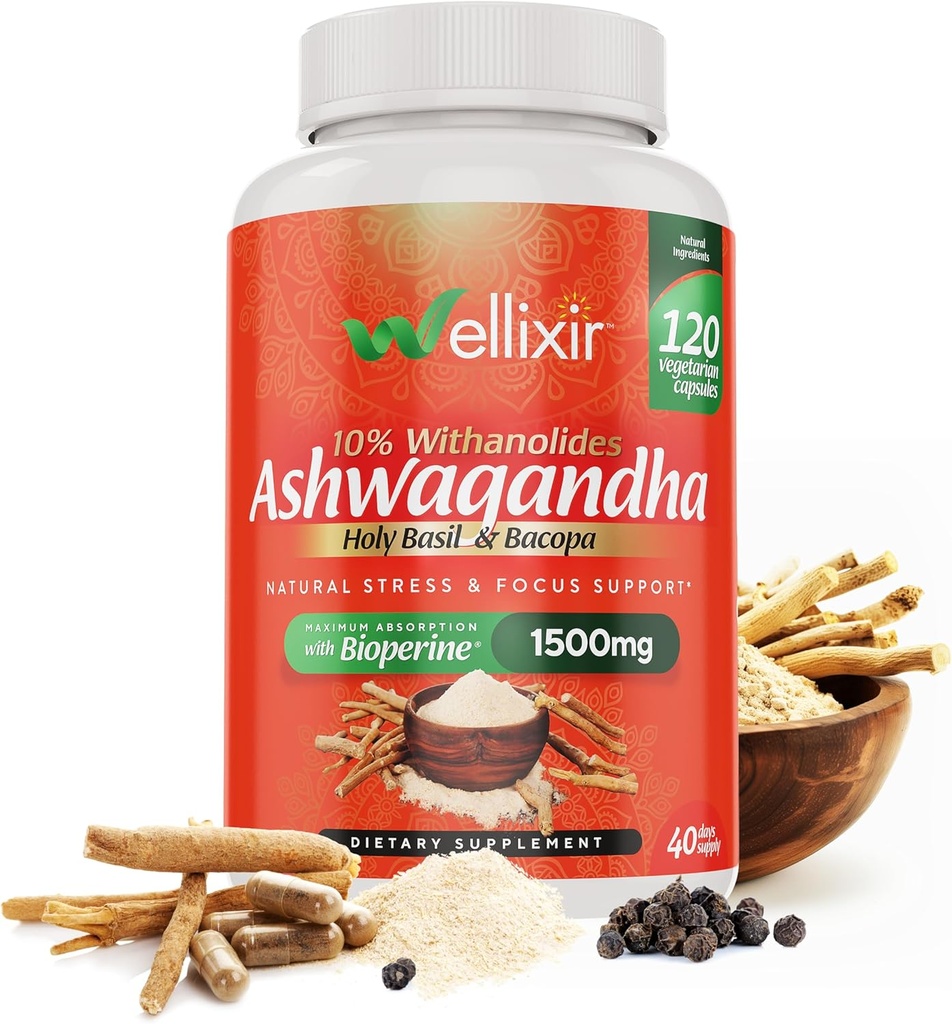 Ashwagandha Capsules - 10% Withanolides, Root Powder Extract, Herbal Supplement för att hjälpa till att stödja en naturlig stressavlastning, sömn, fokus - 1500mg, för män och kvinnor -120 Count