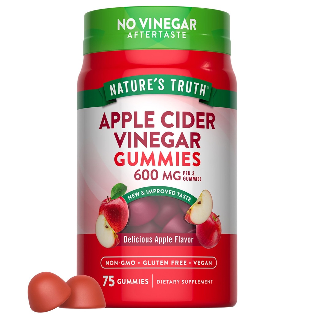Naturens sanning Apple Cider Vinegar Gummies | 600 mg | 75 Gummies | Apple Flavor | Vegan, icke-GMO, Gluten Free Supplement
