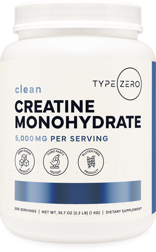 Type Zero Creatine Monohydrate (Unflavored) 1 KG, 5000mg (5g) Per Serving, Micronized, Zero Sugar, Keto Friendly & Gluten Free, 200 Servings