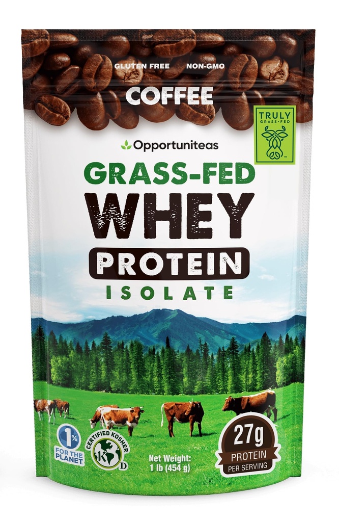 Opportuniteas Coffee Whey Protein Powder - Low Carb & Keto Friendly - Grass Fed Whey Isolate + Colombian Coffee - 60 mg Koffein för energi - Pre eller Post Workout Drink Mix, Latte, Shake & Smoothie 1lb
