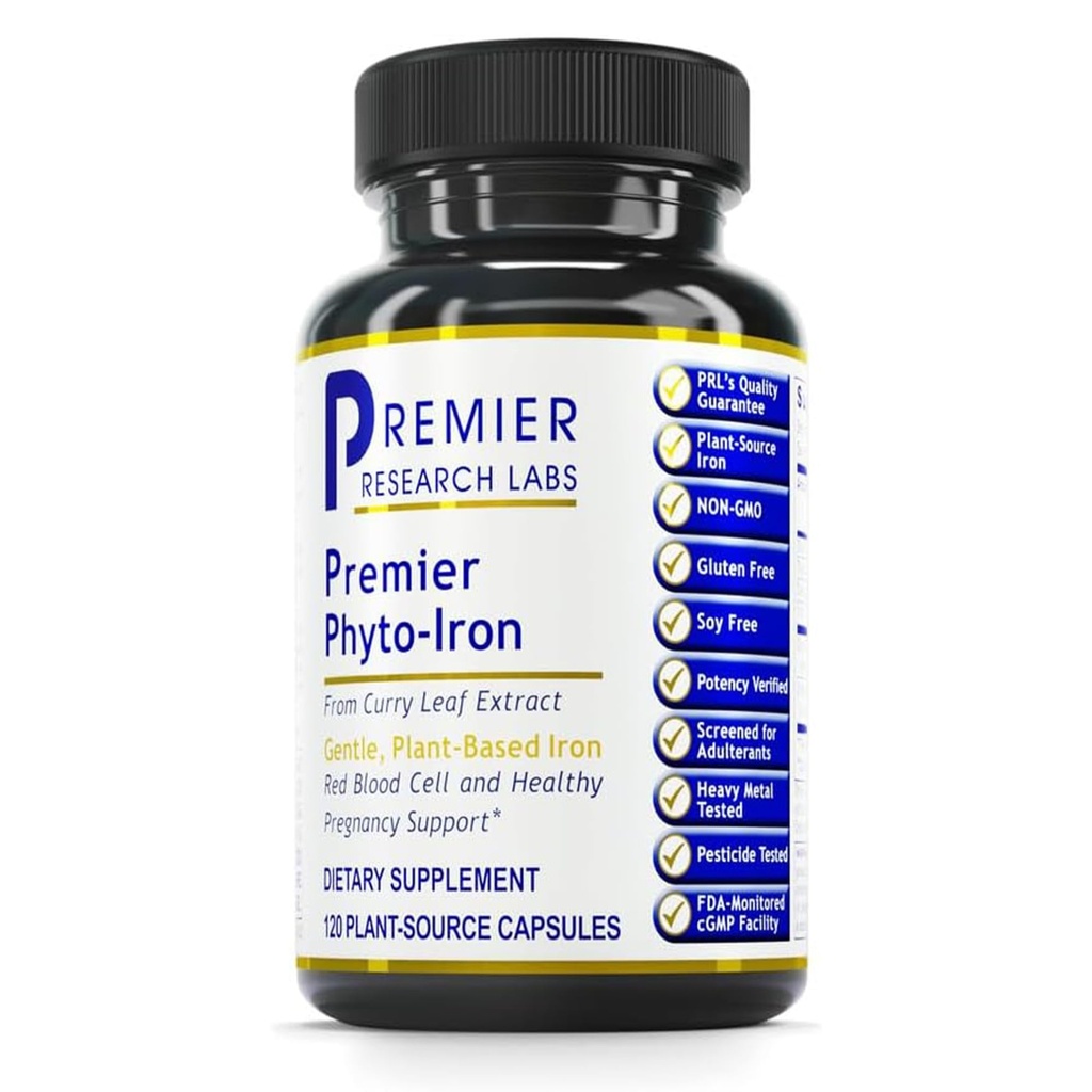 Premier Research Labs Phyto-Iron - Plant Based Iron for Men & Women for Blood Support, Curry Leaves Supplement, Iron Supplements, Non-Heme Iron, 18mg Iron Per Serving - 120 Vegetariska kapslar