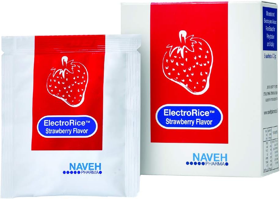 NAVEH PHARMA ElectroRice Anti-Dehydration Electrolyte Supplement Användning Under Bouts of Diarrhea och kräkningar, naturlig risbaserad oral förebyggande av uttorkning barn och vuxna, 5 Strawberry smaksatt