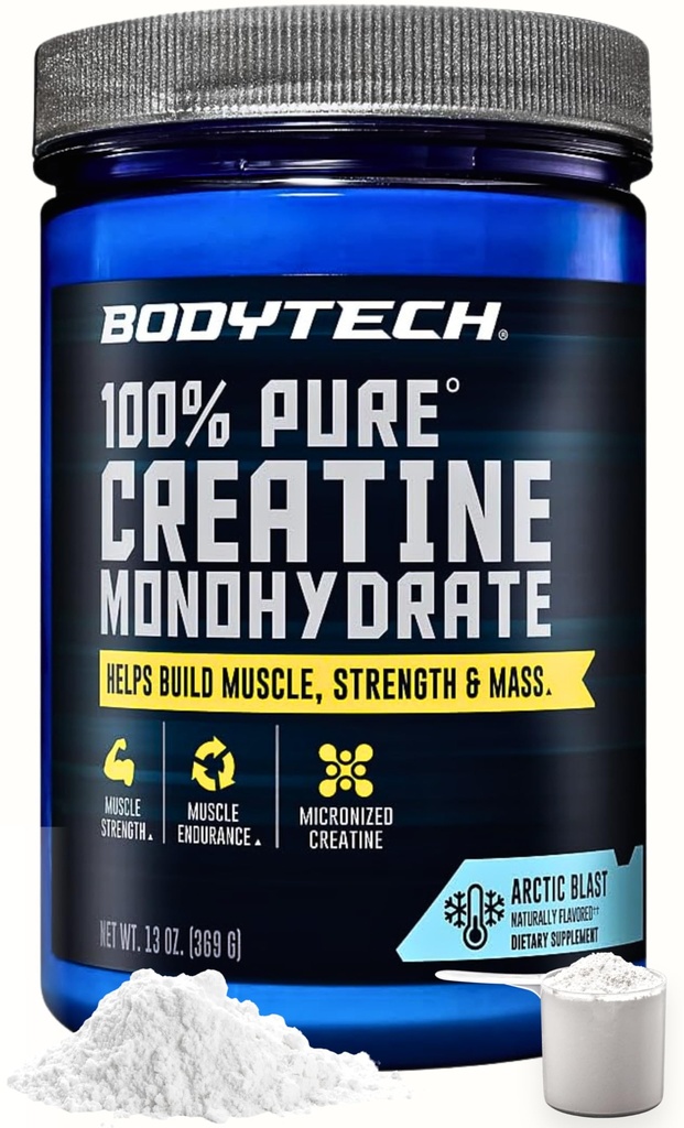BodyTech 100% Pure Creatine Monohydrate Powder, Micronized Creatine Preworkout Supplement for Muscle Strength, Endurance & Power, Helps Build Muscle & Mass, Arctic Blast Flavor, 13 oz, 55 Servings