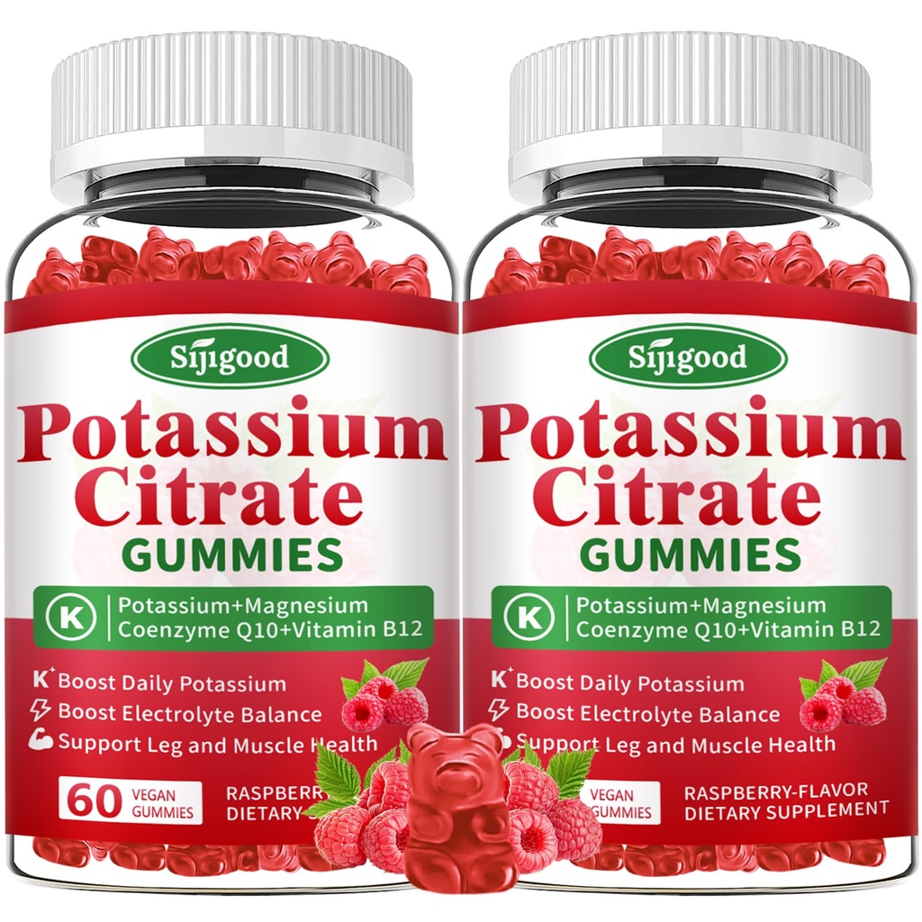 2 Pack Kalium Citrate Gummies - Kalium Supplement för muskelhälsa, Leg Cramp Relief & Electrolyte Balance, Vegan, Non-GMO, Gluten-Free, Raspberry Flavor, 120 Count