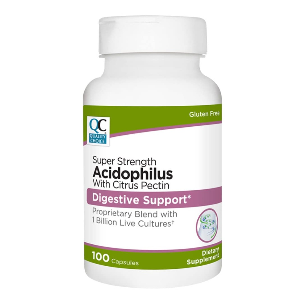Kvalitetsval Digestive Support Acidophilus med Citrus Pectin - 100 kapslar - Daily Probiotic Formel med Citrus-Derived Fiber - Easy-to-Swallow Capsules