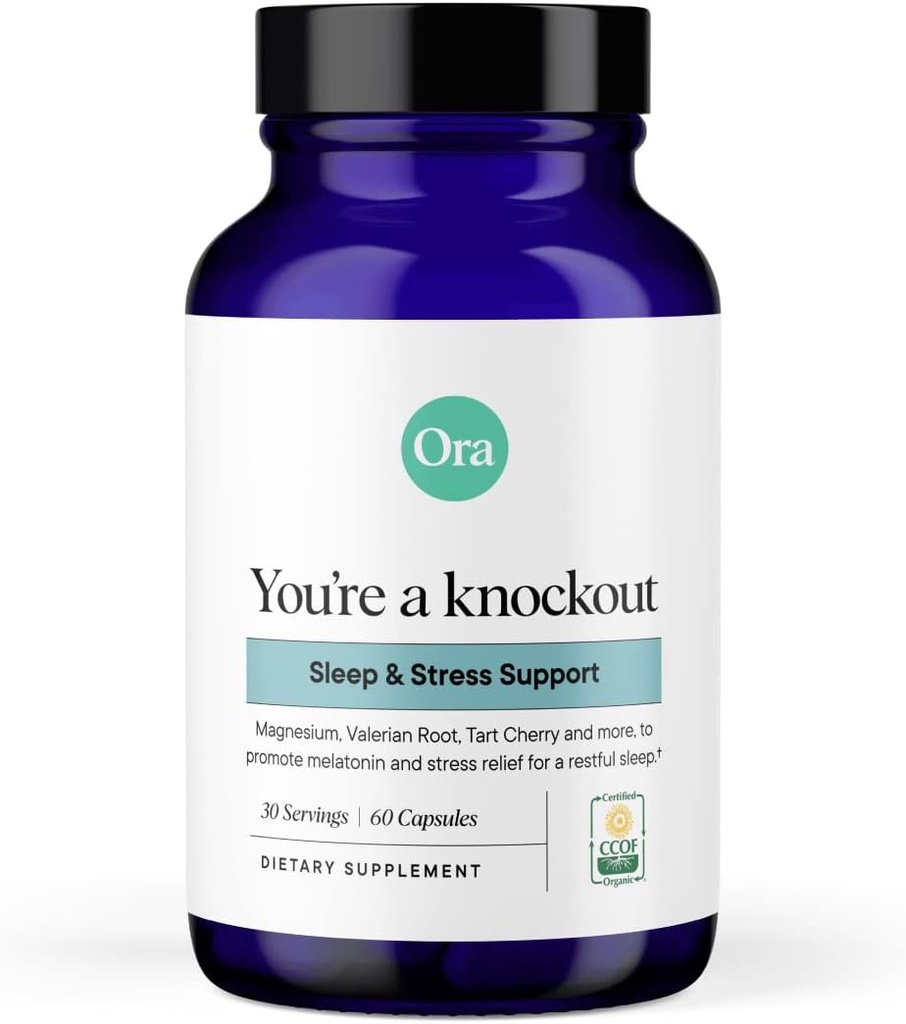 Ora Ora Organic Natural Sleep Aid Supplement Stress Support Calming Herbal Blend med Melatonin från Tart Cherry - Inkluderar Magnesium Citrate, Valerian Root och Lemon Balm - 1 månad Supply, 60 kapslar