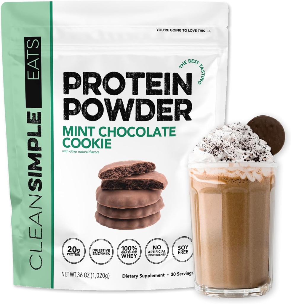 Clean Simple Eats Whey Protein Powder, Mint Chocolate Cookie Flavor, Naturligt sötad, 100% Grass Fed Protein Pulver med Digestive Enzymes, Inga konstgjorda ingredienser, Gluten Free, 30 Srvgs