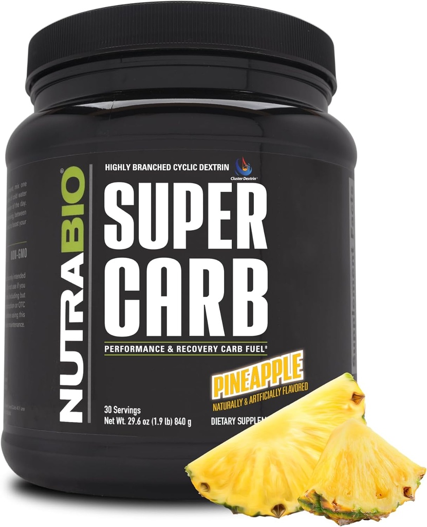NutraBio Super Carb, kolhydratpulver med Cluster Dextrin & Electrolytes, Advanced Carb Supplement Powder för träningsbränsle, prestanda och muskelåterhämtning, Cyclic Dextrin, Pineapple, 30 Sv