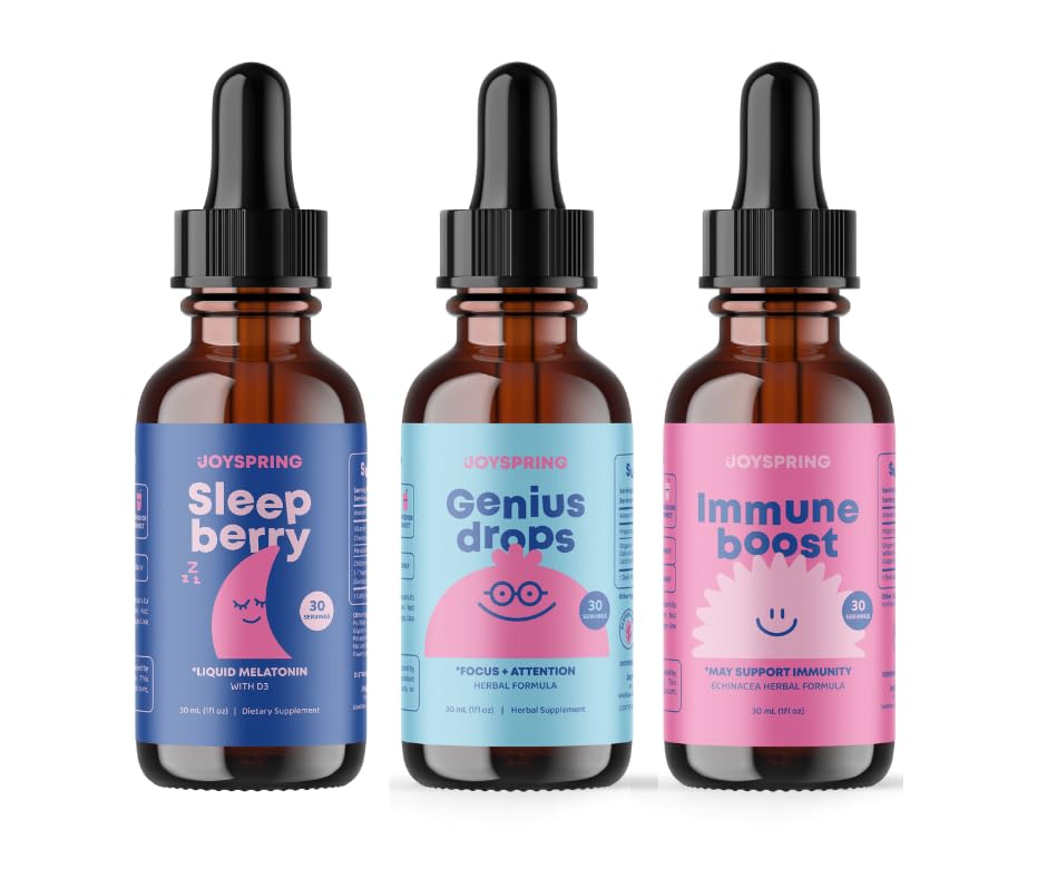 JoySpring Immune Booster för barn med Elderberry, Echinacea, Orange Peel & Grape Root, SleepBerry Melatonin för barn med Elderberry Genius Drops Brain Supplement för barn
