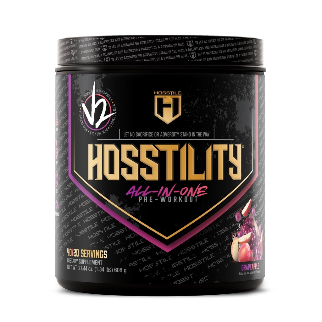 HOSSTILE Hosstility V2 Pre Workout, All-in-One Pre Workout Powder för män och kvinnor, Förbättra muskelpump, öka energi, öka styrka, skärpa Fokus, druva Apple, 40 portioner