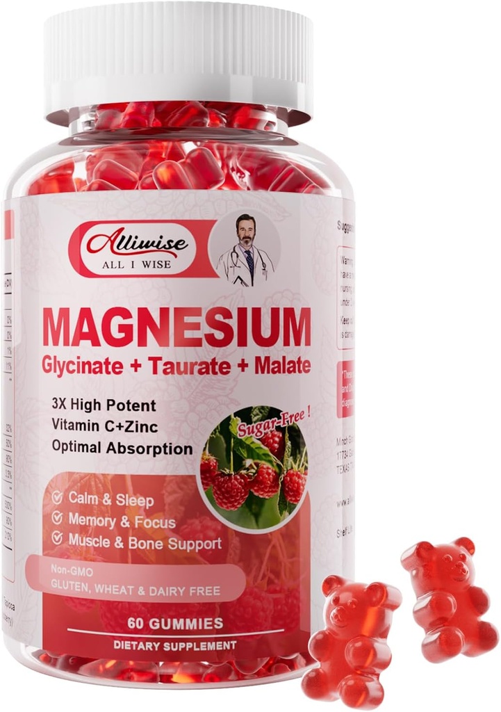Magnesium Glycinate Gummies, Magnesium Potassium Supplement med Taurate, Malate, Vitamins D, C, B6, Calcium, Body Support, Raspberry Magnesium Gummies för vuxna & Barn