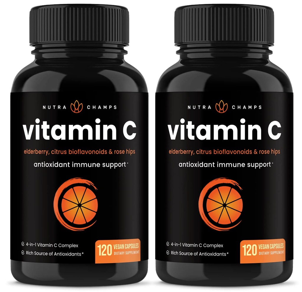 NutraChamps (2 Pack) Vitamin C 1000mg med Elderberry, Citrus Bioflavonoids & Rose HIPS - 120 kapslar Vegan, icke-GMO Antioxidant Supplement för Immune Health & Collagen Production 500mg Powder Pills