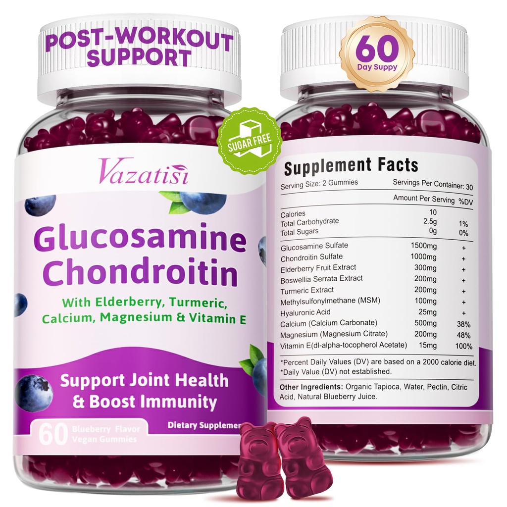 2 Pack Glucosamine Chondroitin Gummies - Glucosamine Chondroitin med MSM, Elderberry, gurkmeja, Joint Support Supplement för vuxna, män och kvinnor - Blueberry Flavor, 120 Cts