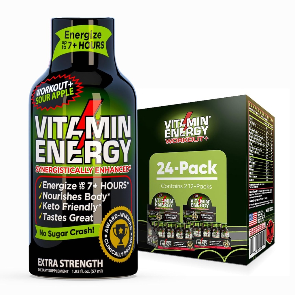 Vitamin Energy Workout + Extra Strength Energy Shot Sour Apple 24 Pack, 260mg Natural Caffeine, Pre-Workout, B-Vitaminer, Minerals, Endurance & Performance, Zero Sugar, Gluten-Free, Vegan, 1,93 fl oz