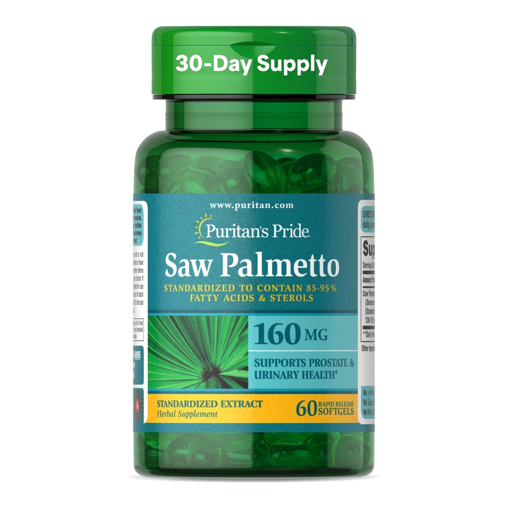 Puritans Pride Saw Palmetto Extract 160mg, traditionell växtbaserade kosttillskott för mensprostata och urinhälsostöd, 60 Rapid Release Capsules