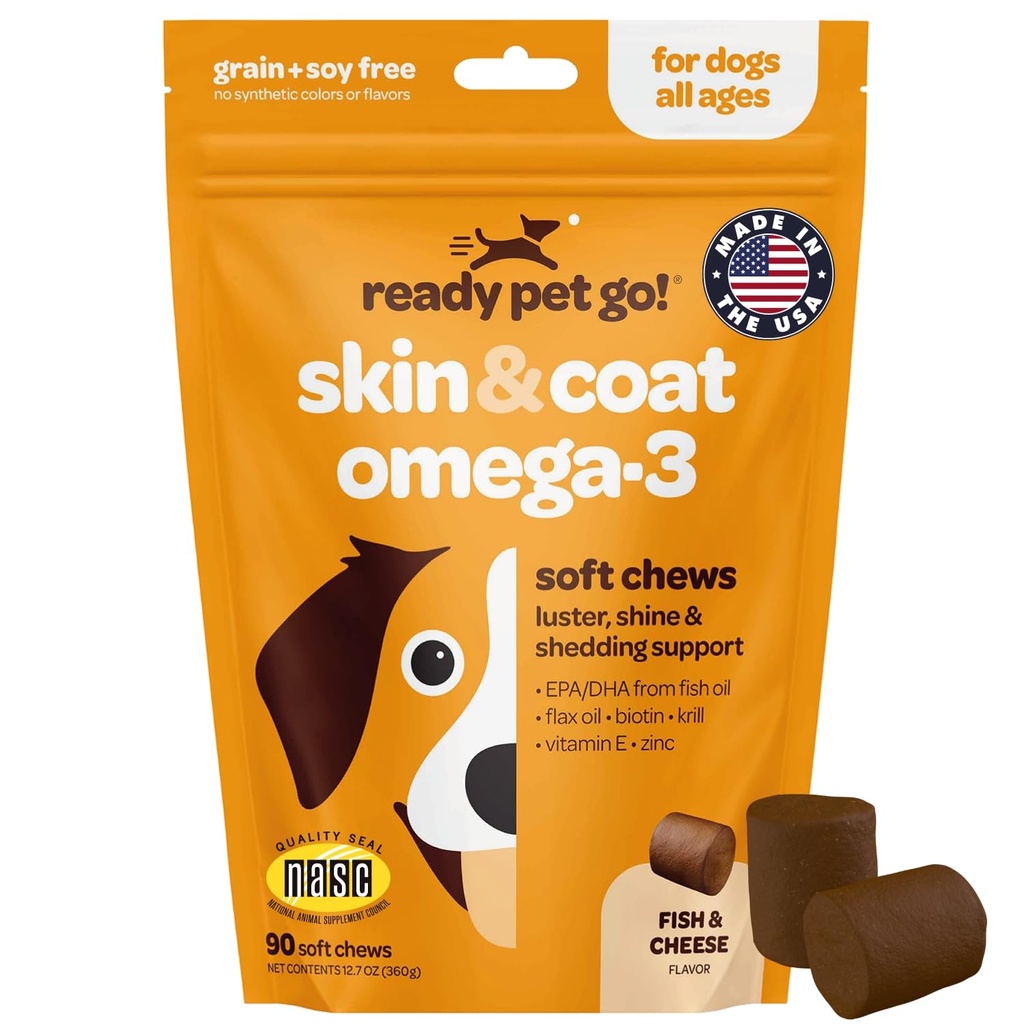 Skin and Coat Supplement for Dogs | Nourishing Omega 3 for Dogs with EPA DHA Krill Oil and Vitamin E | Dog Skin and Coat Supplement | 1 Chew up to 75lbs | NASC Certified & Made in the USA | 90 Chews