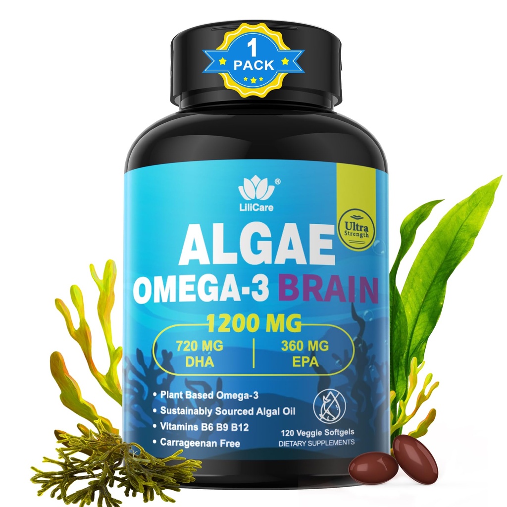 Omega 3 Fish Oil Softgels med DHA 720mg EPA 360mg, Vegan Algae Science 2:1 Ratio for Brain Eye, Plant Based Sustainably Sourced Omega 3 Supplement, Fish Oil Alternative 1200mg, No Fish Taste, 120Cts