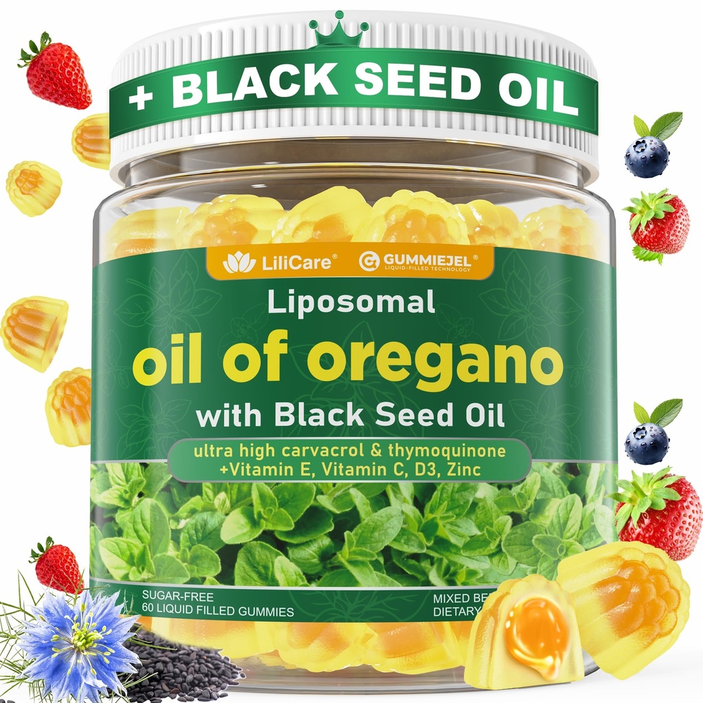 Oil of Oregano with Black Seed Oil Filled Gummies - 2 Months Supply - Aceite De Oregano Capsulas Alternative, Carvacrol & Thymoquinone with VE, VC, D3, Zinc, Liposomal Form, Sugar Free, Berry Flavor