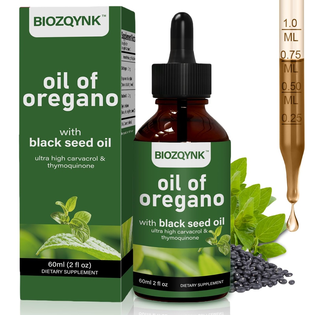 Oil of Oregano Liquid Drops with Black Seed Oil – High Carvacrol & Thymoquinone Concentrate for Immune, Digestive & Respiratory Support – Fast Absorbing, Vegan, Non-GMO, Alcohol-Free (2 fl oz / 60 mL)