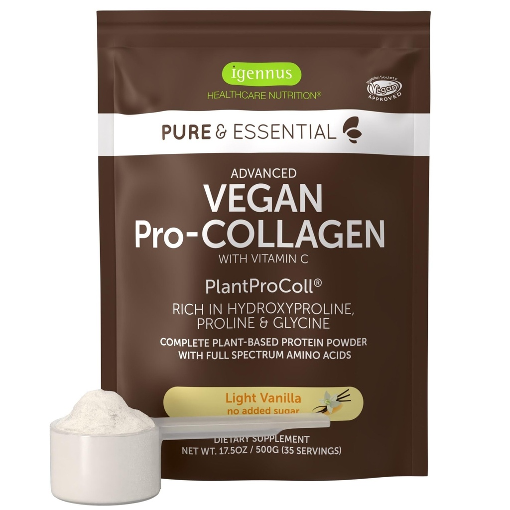 Igennus Advanced Vegan Vanilla Collagen Peptide Powder, förbättrad med Glycine, Proline & Hydroxyproline & Cofactor Vitamin C, Non GMO, Vegetarian Plant Based Collagen Powder Booster, 35 portioner
