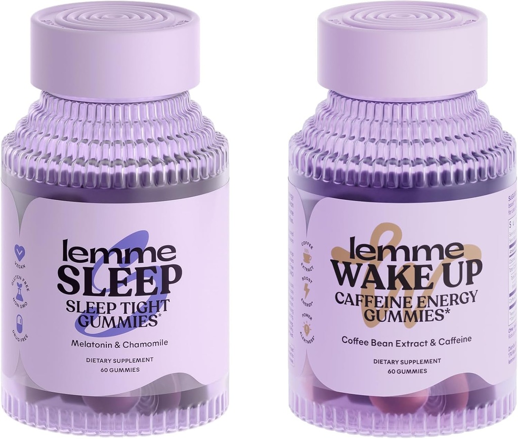 Lemme Sleep och Wake Up Bundle - Sleep Gummies for Better Night's Rest & Wake Up Caffeine Gummies for Energy - Gluten-Free, Non-GMO, 60 Count Varje
