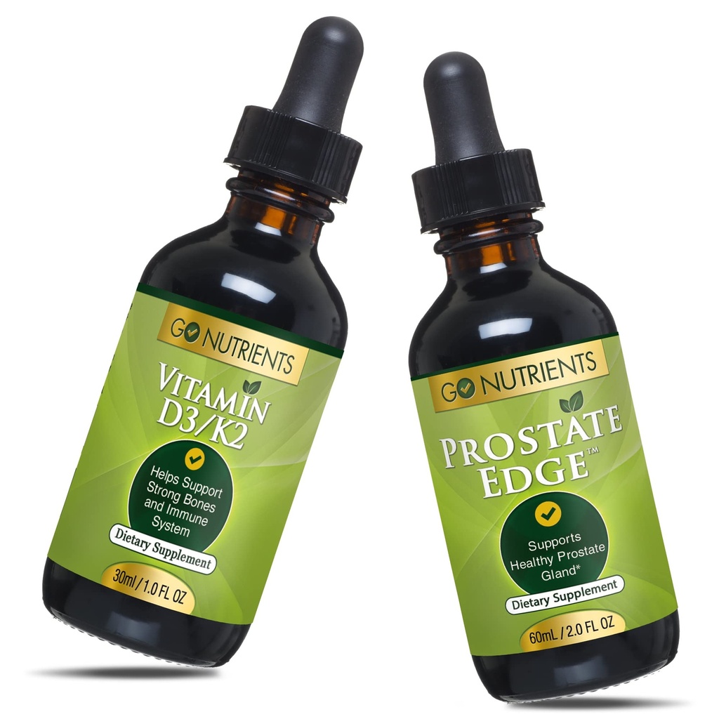 Go Nutrients Liquid Vitamin D3 med K2 (MK-7) Drops & Prostate Edge Prostate Supplement för Män med Pygeum och Saw Palmetto Extract Vitamin D3 och K2 Liquid Vitamin Drops Det hjälper emotionell stat