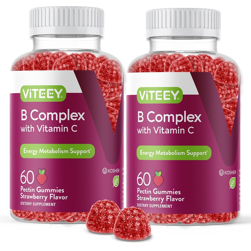 Viteey Vitamin B Complex Gummies med vitamin C - Energi, Metabolism & Immune Support - B6, B12, Niacin, Folic Acid, Biotin, Calcium - Vegan, Gluten-Free - 120 greve