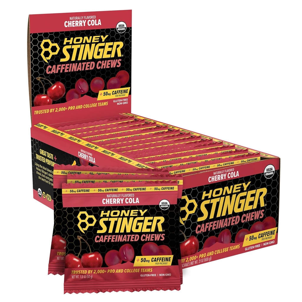 Honey Stinger Cherry Cola Caffeinated Energy Chew, Gluten Free, with Caffeine, for Exercise, Running and Performance, Sports Nutrition for Home & Gym, Pre and Mid Workout, 12 Pack, 23.2 Ounce