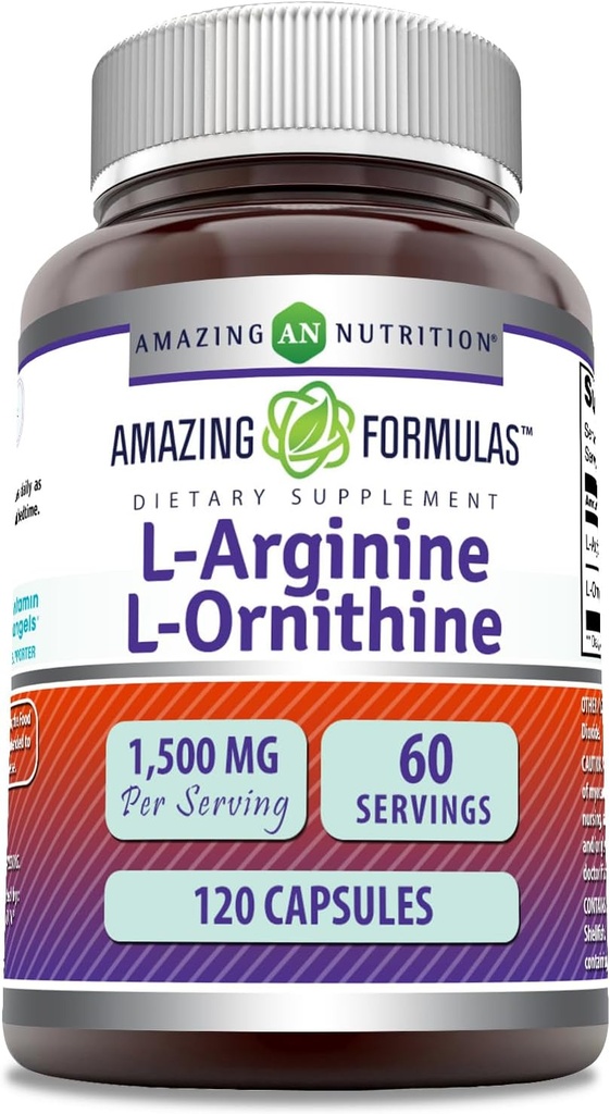 Amazing Formulas L-Arginine/L-Ornithine 1500 Mg Per Serving, Capsules | Non-GMO | Gluten Free | Amino Acid Supplement (120 Count)