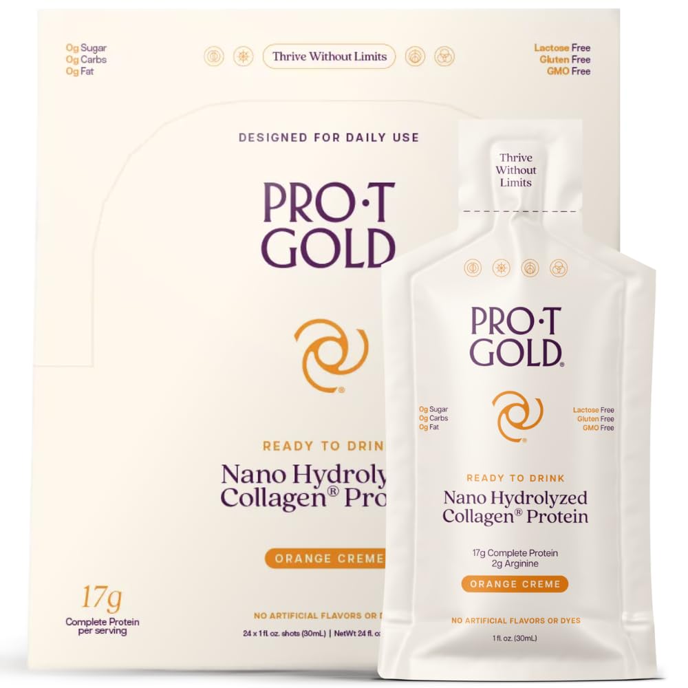 ProT Gold Liquid Collagen Protein Shot, 17g Clear Protein Nano-Hydrolyzed Grass Fed Collagen, 2g Arginine för Wound Support, Gluten Free, Sugar Free, 0g Carbs, Orange Creme, 1 fl oz, 24 Pack