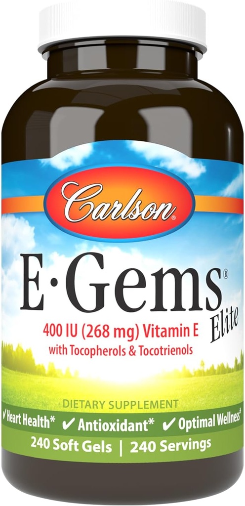 Carlson - E-Gems Elite, 400 IE Vitamin E med Tocopherols & Tocotrienols, Vitamin E Capsules, Heart Health & Optimal Wellness, Antioxidant, vitamin E Supplement, 240 Softgels