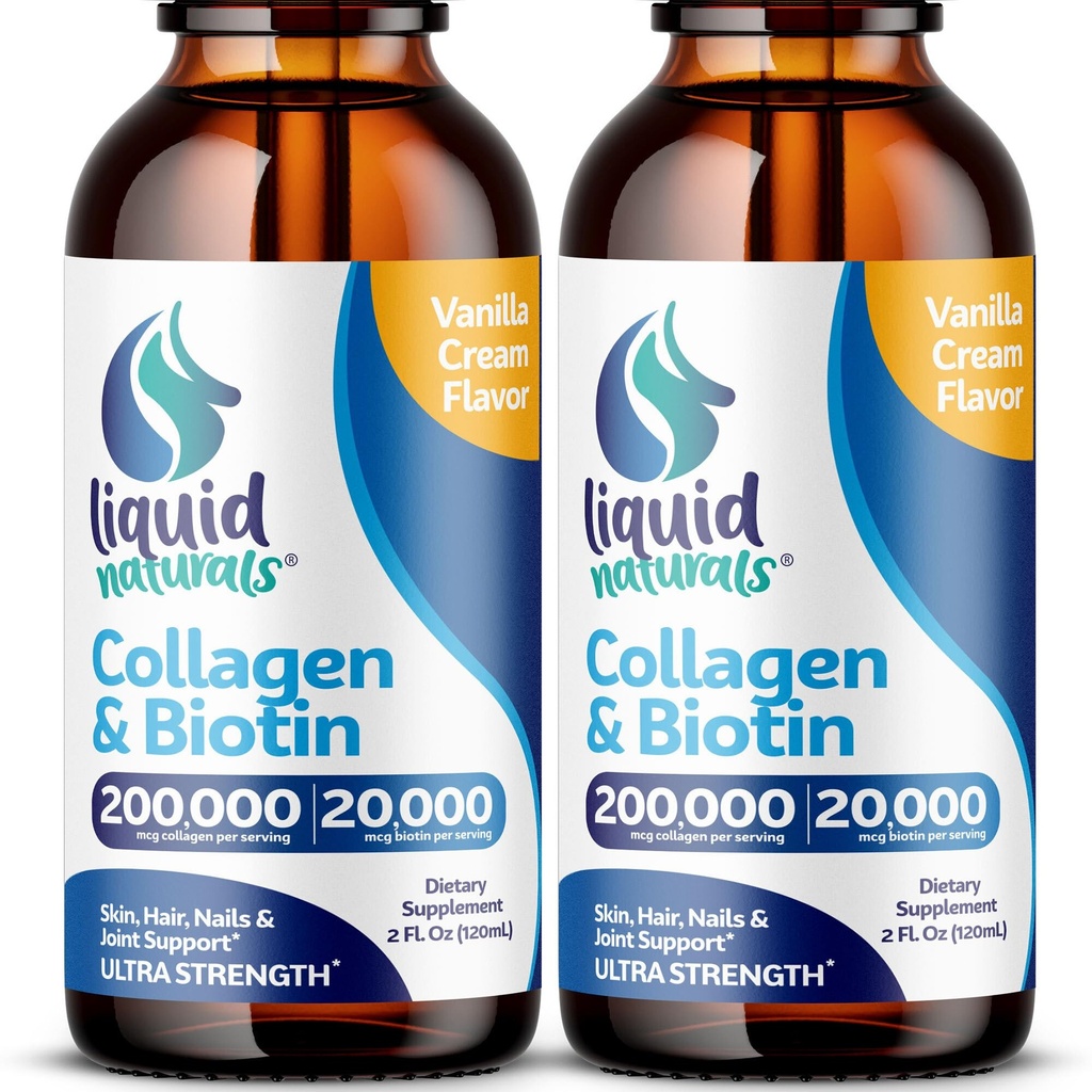 Liquid Collagen och Biotin, 2 Fl. Oz, Ultra-Strength Collagen Supplements for Women, Keto Friendly Biotin for Hair Growth Women, Nails, & Skin Vitamins B7 Collageno Peptides - Vanilla Flavor - 2 Pack