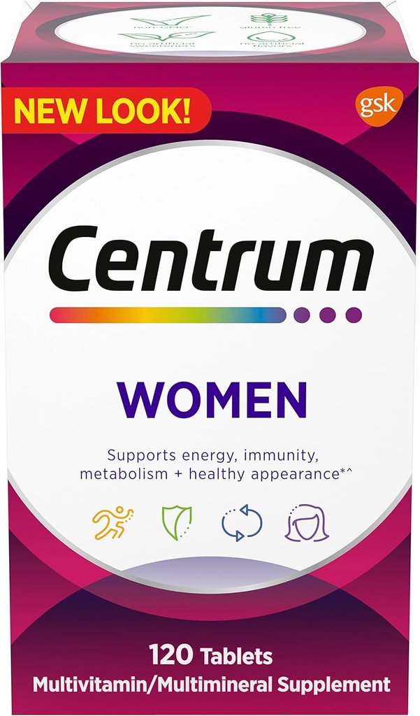 Centrum Multivitamin för kvinnor, Multivitamin/Multimineral Supplement med järn, vitamin D3, B-vitaminer och antioxidant vitamin C och E, Gluten Free, icke-GMO Ingredienser - 120 Count
